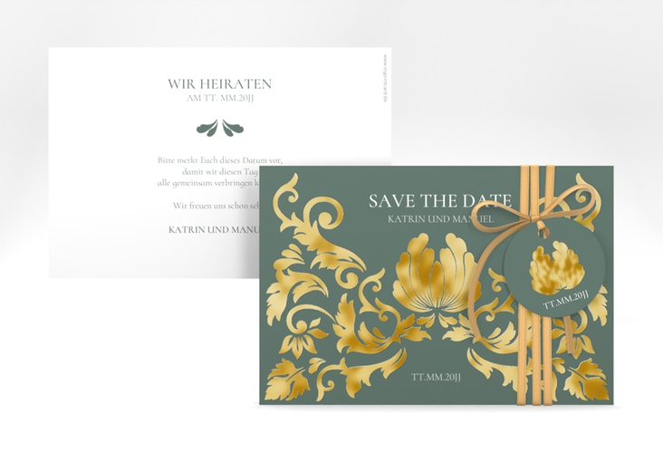 Save the Date-Karte Royal A6 Karte quer gruen gold mit barockem Blumen-Ornament