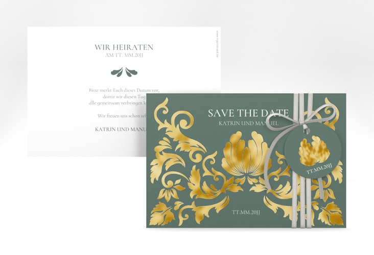 Save the Date-Karte Royal A6 Karte quer gruen gold mit barockem Blumen-Ornament