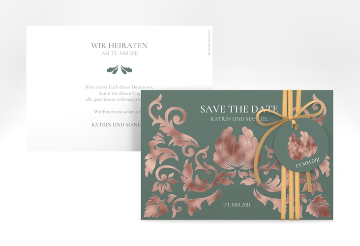 Save the Date-Karte Royal A6 Karte quer gruen rosegold mit barockem Blumen-Ornament