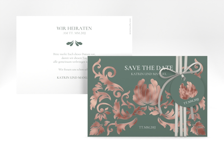 Save the Date-Karte Royal A6 Karte quer gruen rosegold mit barockem Blumen-Ornament