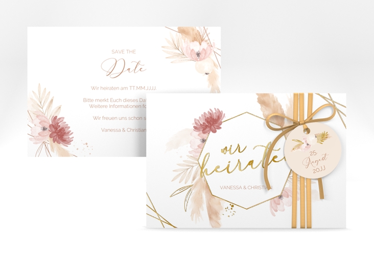 Save the Date-Karte Bohostyle A6 Karte quer beige gold mit Pampasgras in Aquarell