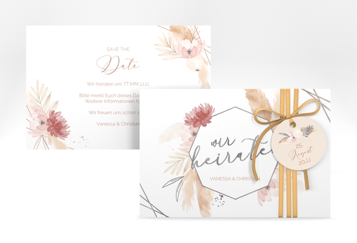 Save the Date-Karte Bohostyle A6 Karte quer beige silber mit Pampasgras in Aquarell