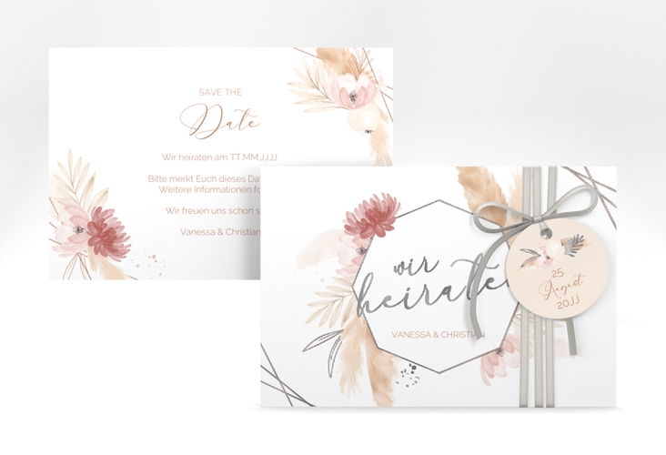 Save the Date-Karte Bohostyle A6 Karte quer beige silber mit Pampasgras in Aquarell