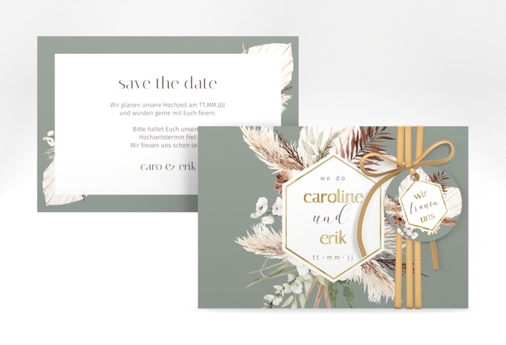 Save the Date-Karte Bohemian A6 Karte quer gruen gold