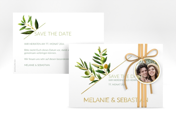 Save the Date-Karte Olivenzweig A6 Karte quer weiss gold