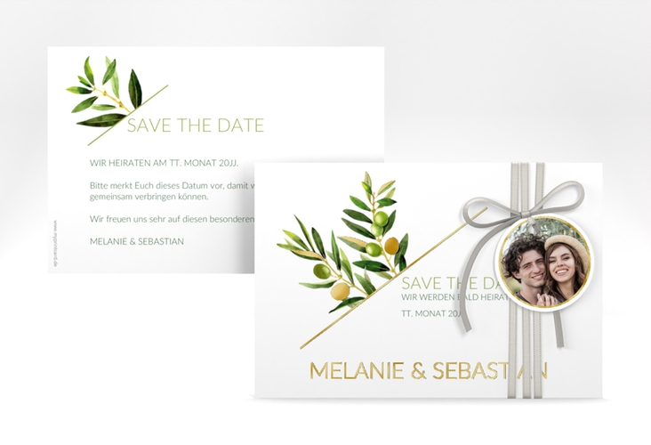 Save the Date-Karte Olivenzweig A6 Karte quer weiss gold