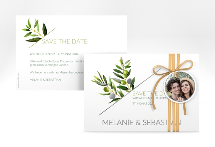 Save the Date-Karte Olivenzweig A6 Karte quer weiss silber