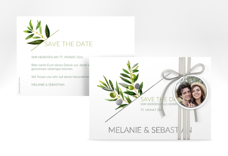 Save the Date-Karte Olivenzweig A6 Karte quer weiss silber