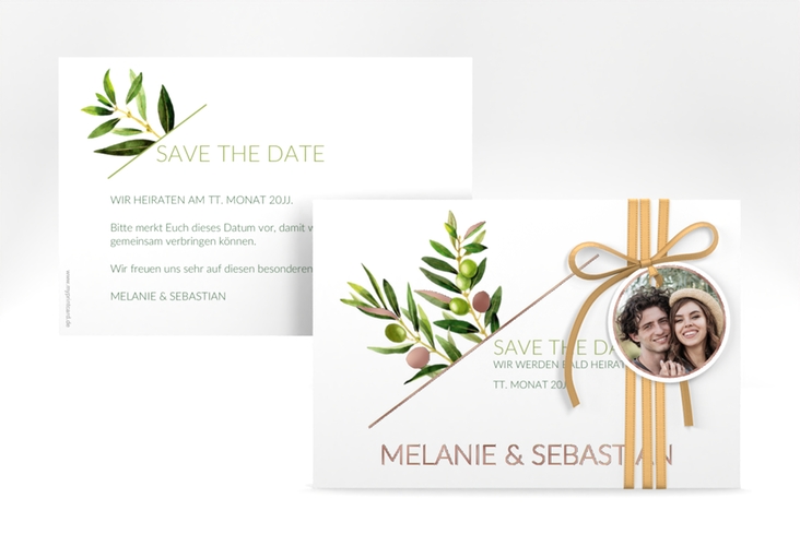 Save the Date-Karte Olivenzweig A6 Karte quer weiss rosegold