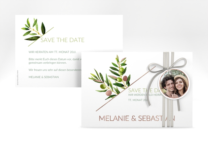 Save the Date-Karte Olivenzweig A6 Karte quer weiss rosegold
