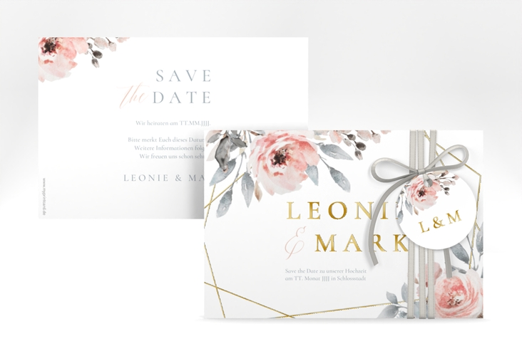 Save the Date-Karte Perfection A6 Karte quer weiss gold mit rosa Rosen