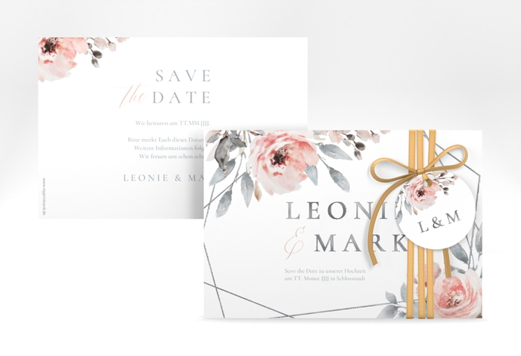 Save the Date-Karte Perfection A6 Karte quer weiss silber mit rosa Rosen