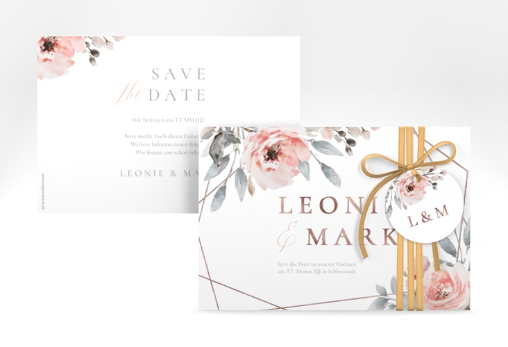 Save the Date-Karte Perfection A6 Karte quer weiss rosegold mit rosa Rosen