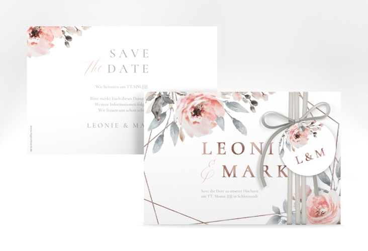 Save the Date-Karte Perfection A6 Karte quer weiss rosegold mit rosa Rosen