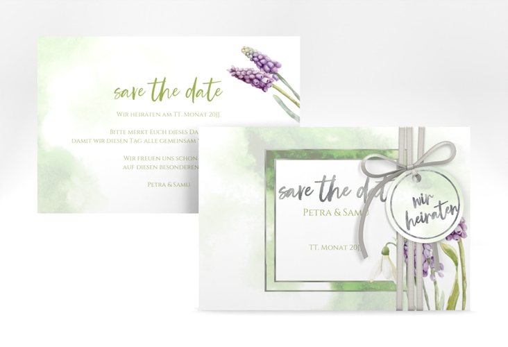 Save the Date-Karte Frühling A6 Karte quer gruen silber mit Frühlingsblumen in Aquarell