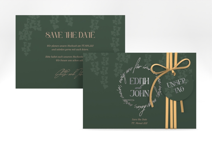 Save the Date-Karte Efeugrün A6 Karte quer gruen silber im Fantasy-Elfen-Design mit Efeu