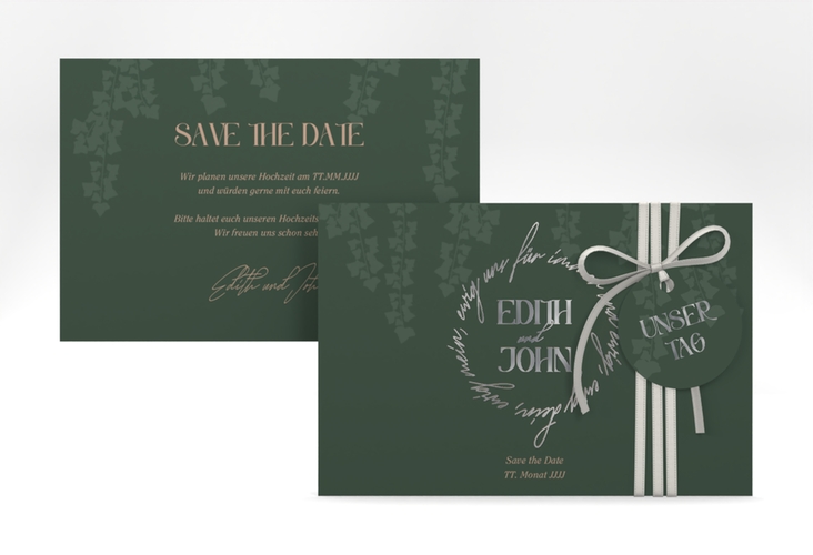 Save the Date-Karte Efeugrün A6 Karte quer gruen silber im Fantasy-Elfen-Design mit Efeu