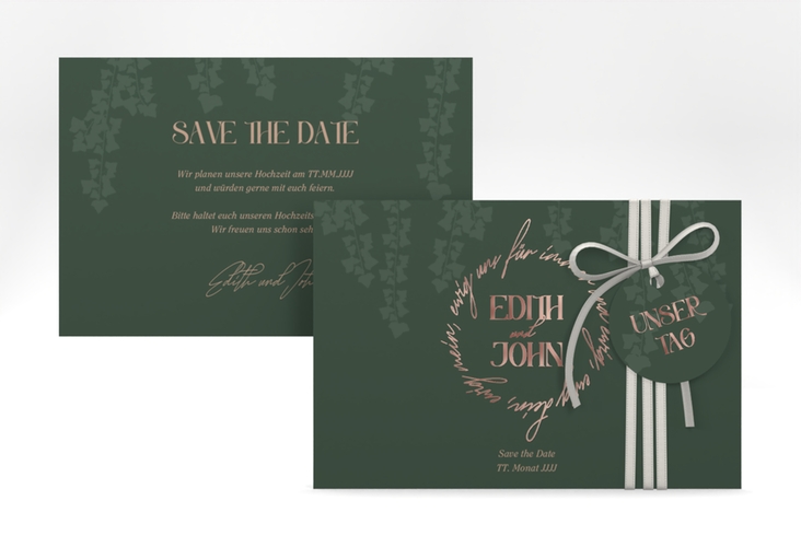 Save the Date-Karte Efeugrün A6 Karte quer gruen rosegold im Fantasy-Elfen-Design mit Efeu