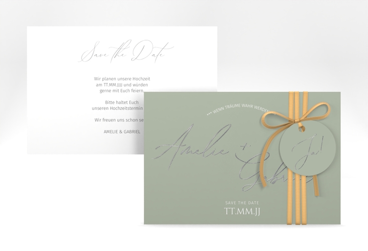 Save the Date-Karte Federschrift A6 Karte quer gruen silber in schlichtem Design mit Kalligrafie