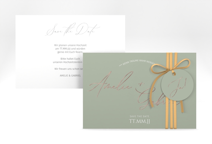 Save the Date-Karte Federschrift A6 Karte quer gruen rosegold in schlichtem Design mit Kalligrafie