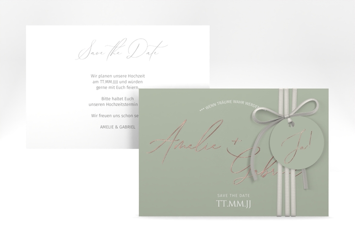 Save the Date-Karte Federschrift A6 Karte quer gruen rosegold in schlichtem Design mit Kalligrafie