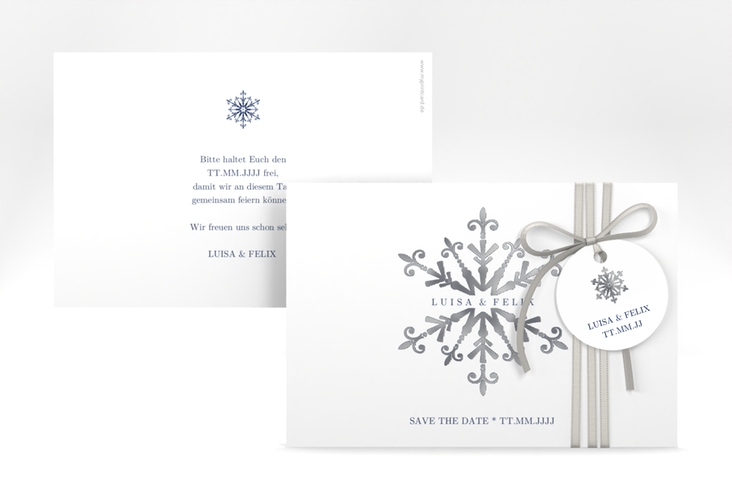 Save the Date-KarteCrystal A6 Karte quer weiss silber mit Eiskristall