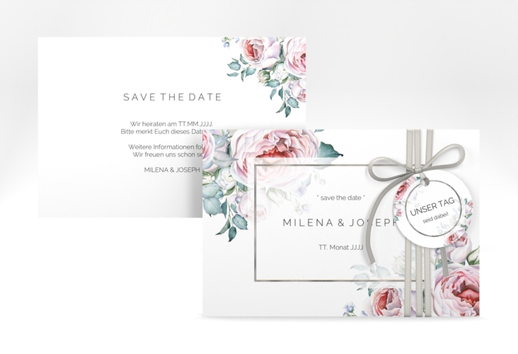 Save the Date-Karte Embrace A6 Karte quer weiss silber