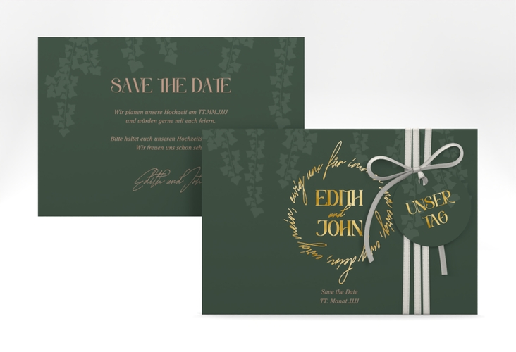 Save the Date-Karte Efeugrün A6 Karte quer gruen gold im Fantasy-Elfen-Design mit Efeu