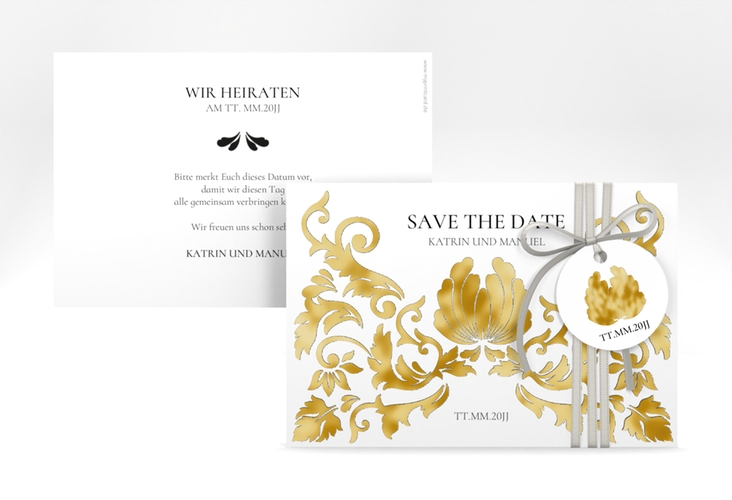 Save the Date-Karte Royal A6 Karte quer weiss gold mit barockem Blumen-Ornament