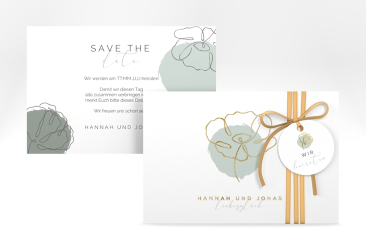 Save the Date-Karte Flowerline A6 Karte quer gruen gold