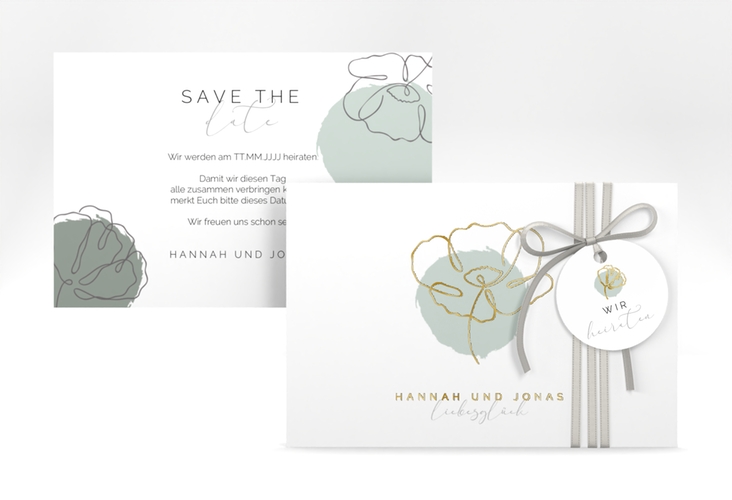 Save the Date-Karte Flowerline A6 Karte quer gruen gold