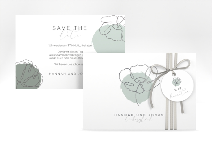 Save the Date-Karte Flowerline A6 Karte quer gruen silber