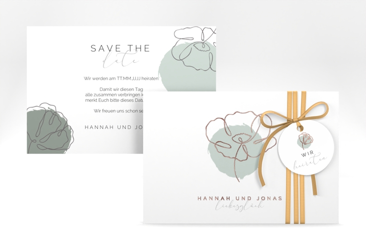 Save the Date-Karte Flowerline A6 Karte quer gruen rosegold