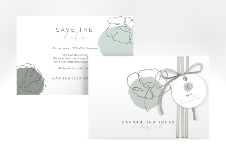 Save the Date-Karte Flowerline A6 Karte quer gruen rosegold