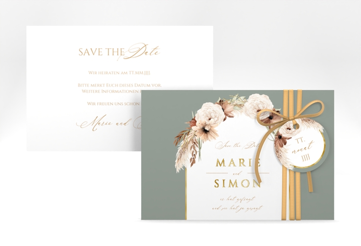 Save the Date-Karte Blumenbogen A6 Karte quer gruen gold