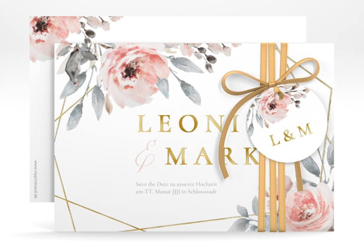 Save the Date-Karte Perfection A6 Karte quer weiss gold mit rosa Rosen