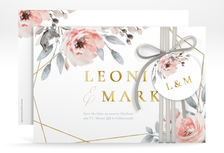 Save the Date-Karte Perfection A6 Karte quer weiss gold mit rosa Rosen