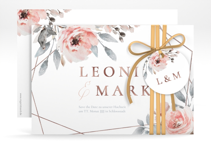 Save the Date-Karte Perfection A6 Karte quer weiss rosegold mit rosa Rosen