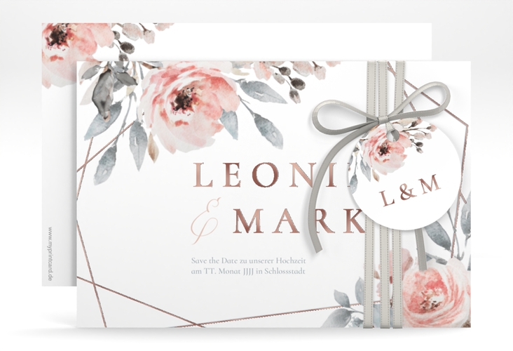 Save the Date-Karte Perfection A6 Karte quer weiss rosegold mit rosa Rosen