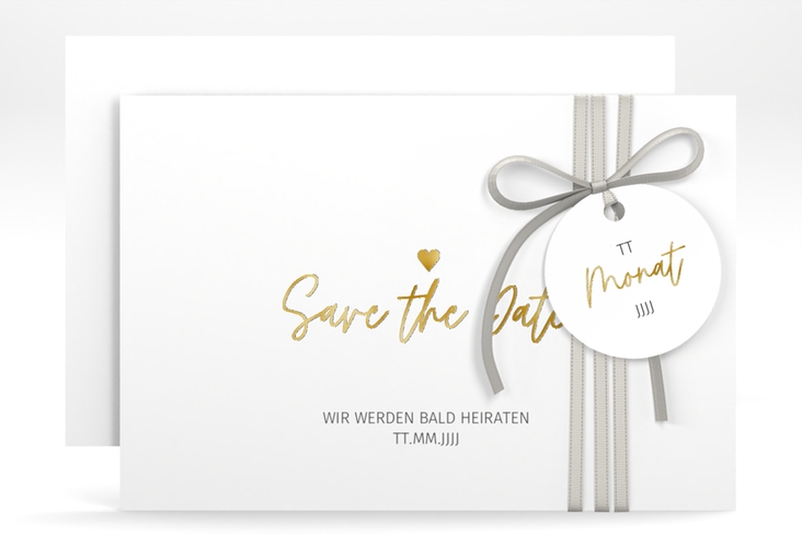 Save the Date-Karte Herzschlag A6 Karte quer weiss gold schlicht und elegant mit Herzchen