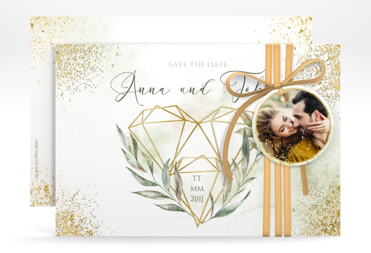 Save the Date-Karte Heartfelt A6 Karte quer weiss gold mit Diamanten im Geometric Design