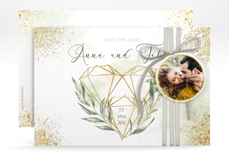 Save the Date-Karte Heartfelt A6 Karte quer weiss gold mit Diamanten im Geometric Design