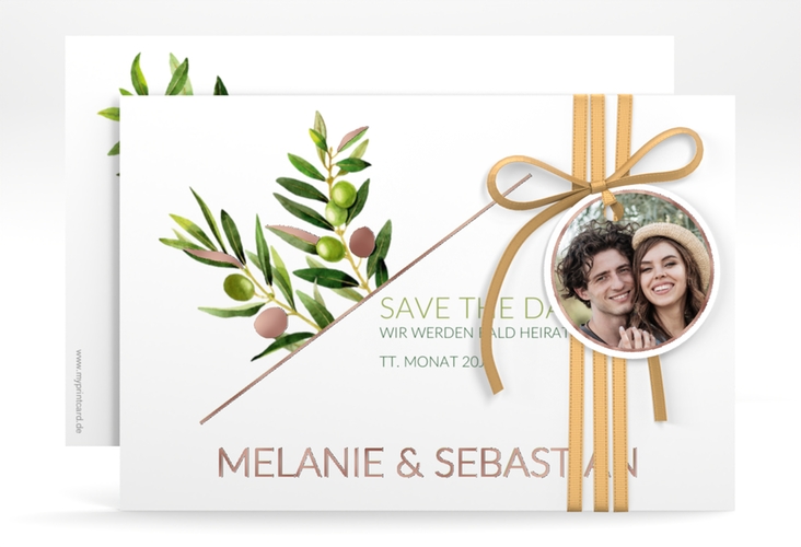 Save the Date-Karte Olivenzweig A6 Karte quer weiss rosegold