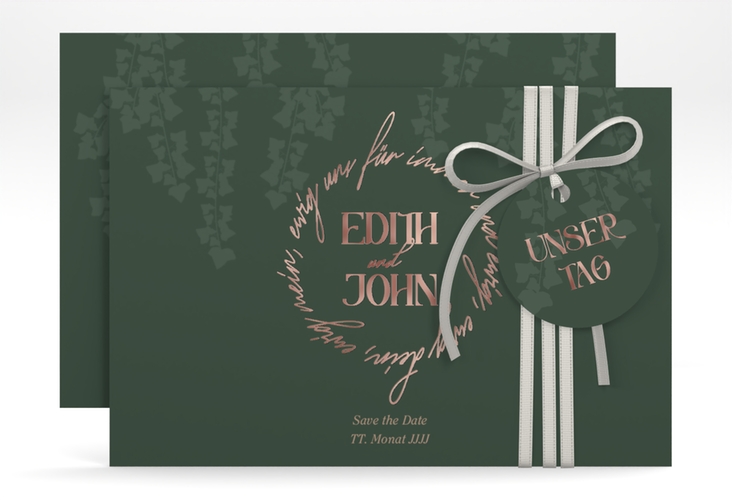 Save the Date-Karte Efeugrün A6 Karte quer gruen rosegold im Fantasy-Elfen-Design mit Efeu