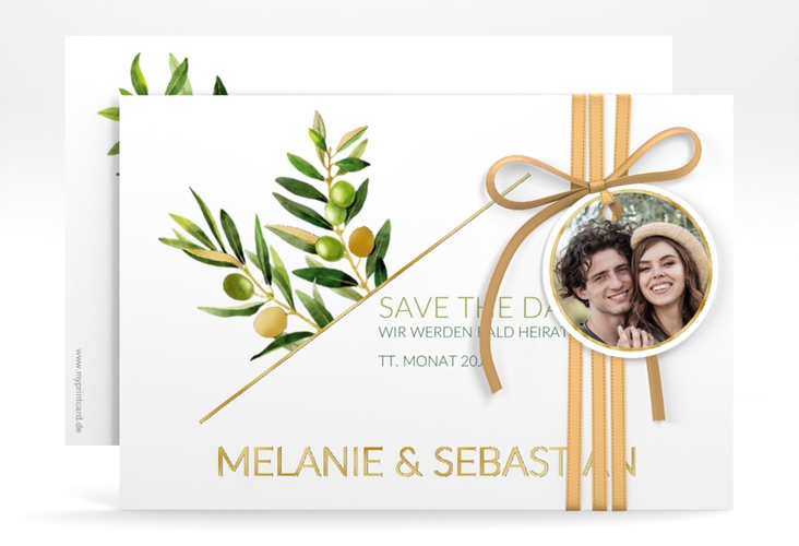 Save the Date-Karte Olivenzweig A6 Karte quer weiss gold