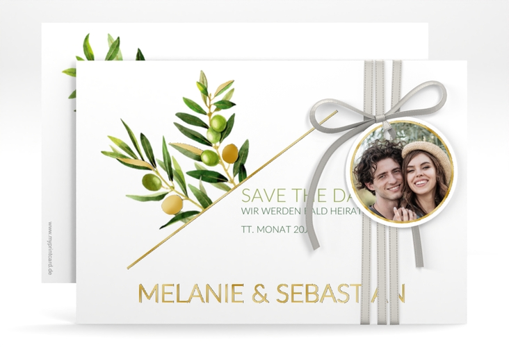 Save the Date-Karte Olivenzweig A6 Karte quer weiss gold