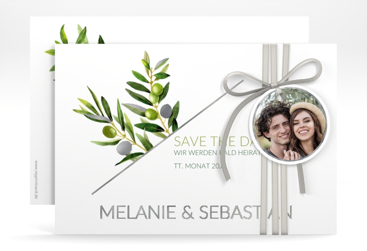 Save the Date-Karte Olivenzweig A6 Karte quer weiss silber