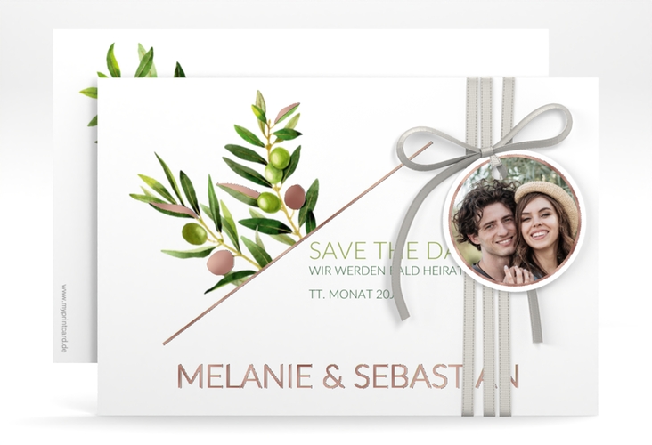 Save the Date-Karte Olivenzweig A6 Karte quer weiss rosegold