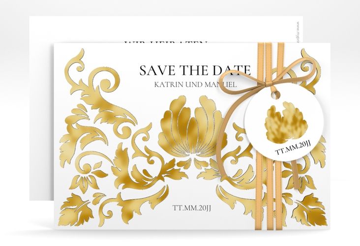 Save the Date-Karte Royal A6 Karte quer weiss gold mit barockem Blumen-Ornament