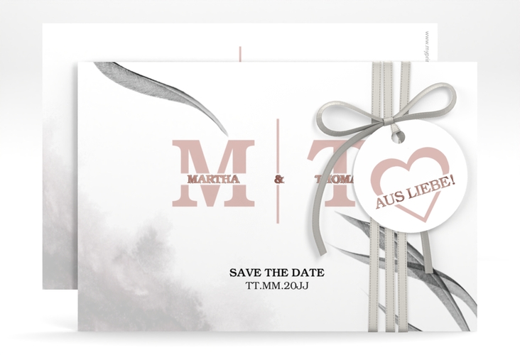 Save the Date-Karte Initialen A6 Karte quer weiss rosegold